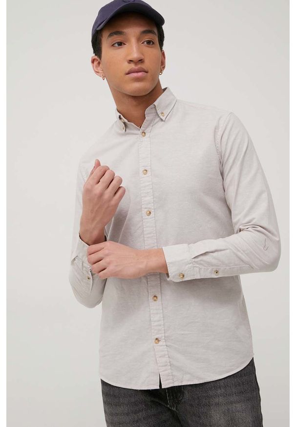 Jack & Jones koszula z domieszką lnu męska kolor beżowy slim z kołnierzykiem button-down. Typ kołnierza: button down. Kolor: beżowy. Materiał: len. Długość rękawa: długi rękaw. Długość: długie. Wzór: gładki