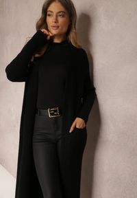 Renee - Czarny Długi Kardigan z Kieszeniami Belma. Kolor: czarny. Materiał: dzianina, prążkowany. Długość rękawa: długi rękaw. Długość: długie