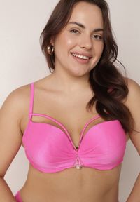 Born2be - Różowe Bikini Majtki Figi i Biustonosz z Paskami i Perłową Aplikacją Cahresha. Kolor: różowy. Wzór: aplikacja #2