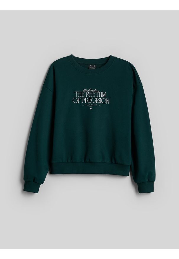 4f - 4F Bluza dresowa loose bez kaptura damska - zielona XS. Okazja: na co dzień. Typ kołnierza: bez kaptura. Kolor: zielony. Materiał: dresówka. Wzór: haft. Styl: casual