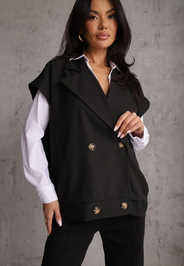 Renee - Czarna Dwurzędowa Kamizelka Oversize o Garniturowym Kroju Edoriela. Kolor: czarny. Materiał: poliester, koronka