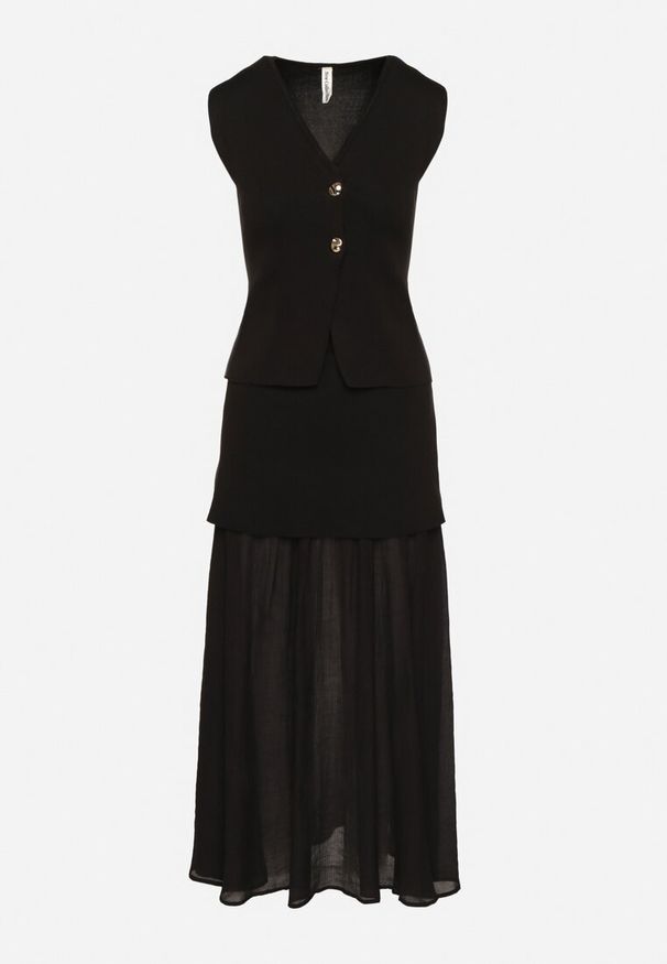 Born2be - Czarny Elegancki Komplet z Kamizelką i Długą Spódnicą Wenelle. Kolor: czarny