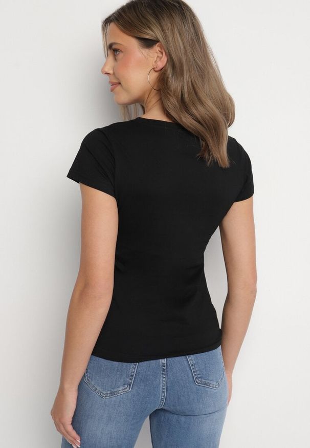 Born2be - Czarny Bawełniany T-shirt z Napisem Living i Nadrukiem Commea. Okazja: na co dzień. Kolor: czarny. Materiał: bawełna. Wzór: nadruk, napisy. Styl: elegancki, casual