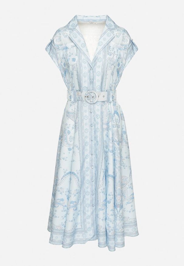 Born2be - Niebieska Rozkloszowana Sukienka Koszulowa z Lnu i Wiskozy z Paskiem Alumera. Typ kołnierza: dekolt w serek, kołnierzyk klasyczny. Kolor: niebieski. Materiał: wiskoza, len. Typ sukienki: koszulowe. Styl: klasyczny