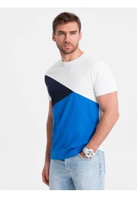 Ombre Clothing - T-shirt męski trójkolorowy bawełniany - biało-niebieski V4 OM-TSCT-0174 - XXL. Okazja: na co dzień. Kolor: niebieski. Materiał: bawełna. Wzór: geometria. Styl: casual, klasyczny #3