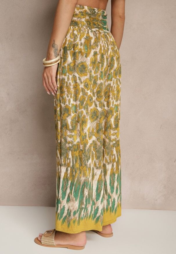 Renee - Beżowo-Żółte Szerokie Spodnie z Wiskozy High Waist Ellirelle. Okazja: na co dzień. Stan: podwyższony. Kolor: beżowy. Materiał: wiskoza. Styl: elegancki, casual