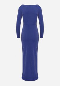 Born2be - Granatowa Koktajlowa Sukienka z Kopertowym Dekoltem Metaliczną Nitką i Rozcięciem Emirielle. Okazja: na imprezę. Kolor: niebieski. Długość rękawa: długi rękaw. Typ sukienki: kopertowe. Styl: wizytowy #3