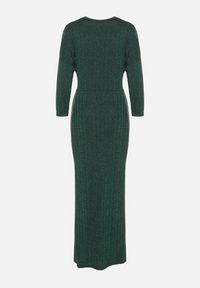 Born2be - Ciemnozielona Sukienka z Wiskozą Ozdobiona Wiązaniem i Metaliczną Nicią Ellinira. Okazja: na co dzień. Kolor: zielony. Materiał: wiskoza. Wzór: aplikacja. Typ sukienki: proste. Styl: casual, elegancki #2