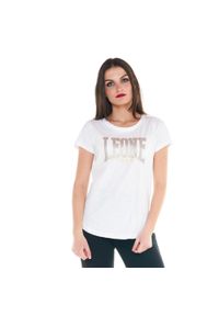 LEONE 1947 APPAREL - Damska koszulka z logo w kolorze złoto-srebrnym. Kolor: biały. Materiał: tkanina. Sport: fitness