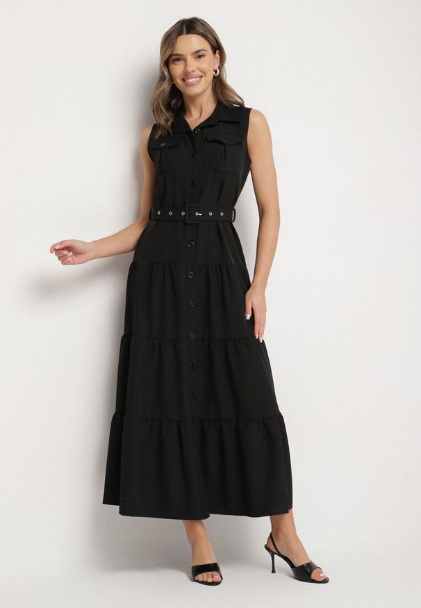 Born2be - Czarna Koszulowa Sukienka Ozdobiona Paskiem Mavorelle. Okazja: na co dzień. Kolor: czarny. Wzór: aplikacja. Typ sukienki: koszulowe. Styl: casual, elegancki
