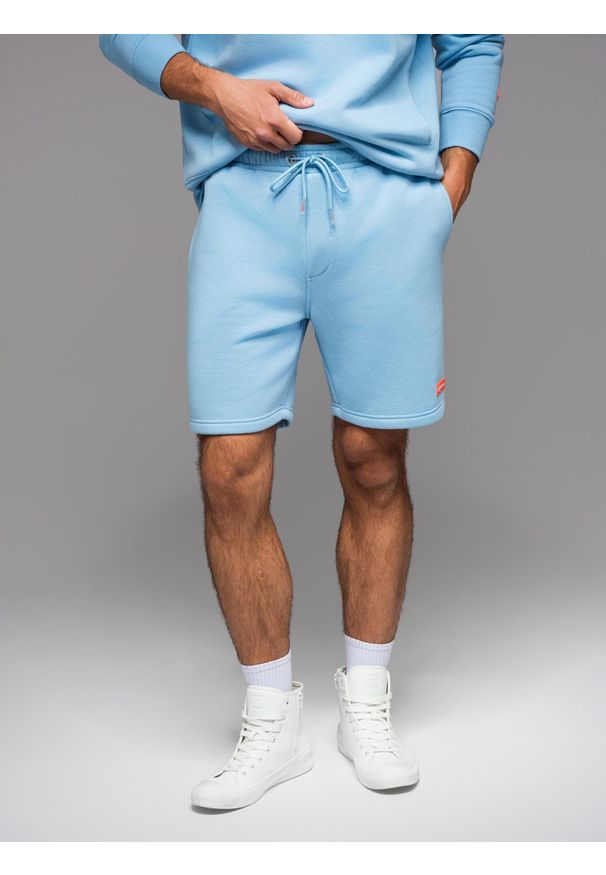 Ombre Clothing - Szorty dresowe unisex ze ściągaczem w pasie – błękitne V8 OU-SRBC-0101 - XL/XXL. Kolor: niebieski. Materiał: dresówka. Wzór: aplikacja. Styl: sportowy
