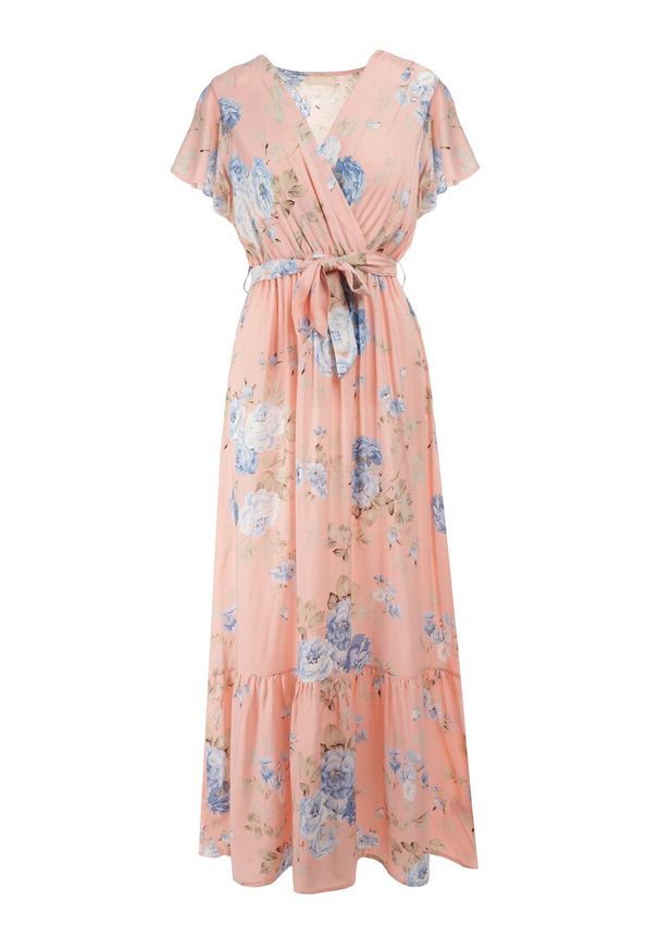 Born2be - Jasnoróżowa Kopertowa Sukienka w Kwiatowy Wzór z Paskiem i Falbanką Thellippe. Typ kołnierza: dekolt kopertowy, dekolt w kształcie V. Kolor: różowy. Wzór: kwiaty. Typ sukienki: kopertowe. Materiał: tkanina. Długość rękawa: krótki rękaw. Sezon: lato. Styl: elegancki. Długość: maxi