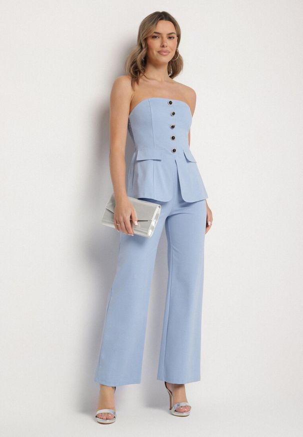 Born2be - Niebieski Komplet Top z Baskinką i Ozdobnymi Guzikami i Szerokie Spodnie Palesia. Kolor: niebieski