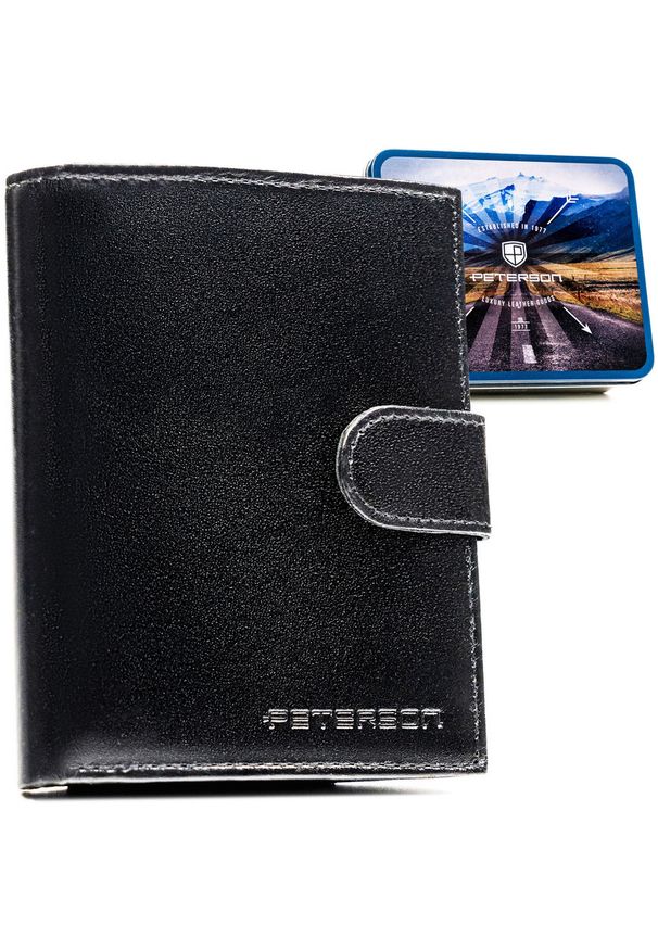 Portfel męski ze skóry naturalnej w czarnym kolorze z systemem RFID i w zestawie z brelokiem - Peterson. Kolor: czarny. Materiał: skóra