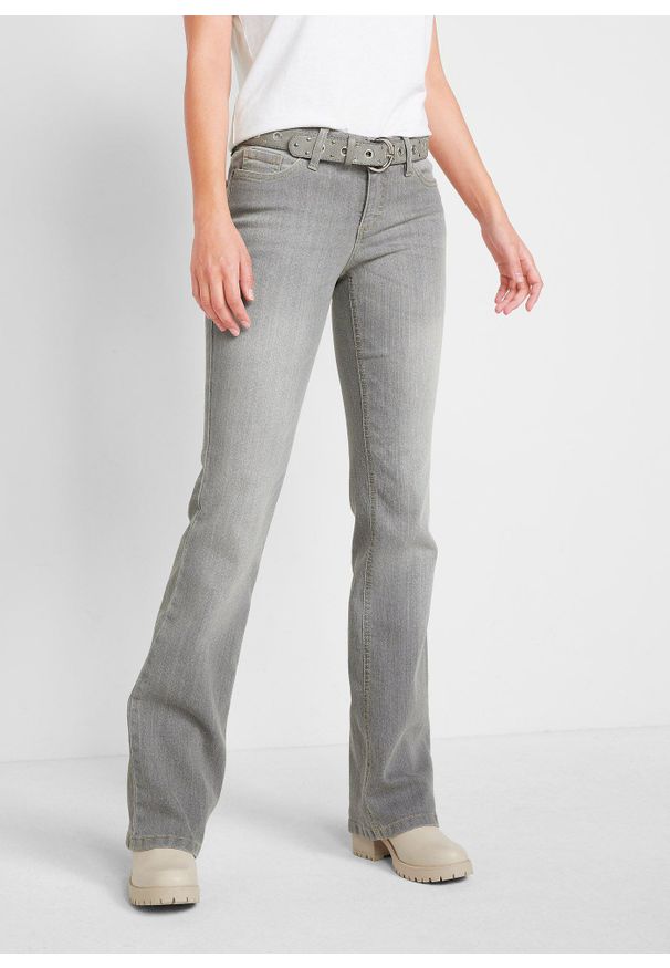 bonprix - Wygodne dżinsy ze stretchem o kroju bootcut, mid waist. Kolor: szary