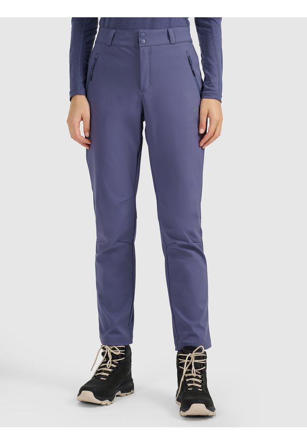 4f - 4F Spodnie trekkingowe softshell membrana 10000 damskie - granatowe L. Stan: podwyższony. Kolor: niebieski. Materiał: softshell. Technologia: Primaloft. Sport: wspinaczka, turystyka piesza
