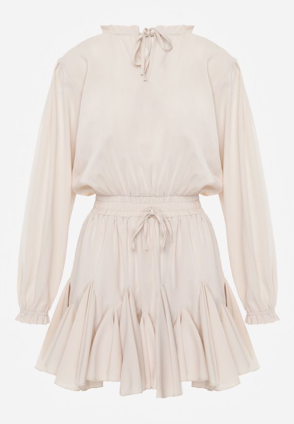 Born2be - Beżowa Rozkloszowana Sukienka z Wiskozą Zdobiona Falbanami i Wiązaniem Lerienatia. Okazja: na co dzień. Kolor: beżowy. Materiał: wiskoza. Wzór: aplikacja. Styl: casual, klasyczny, elegancki