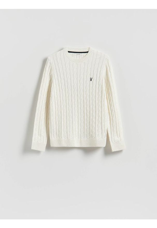 Reserved - Sweter z warkoczowym splotem - złamana biel. Materiał: dzianina, bawełna. Wzór: ze splotem