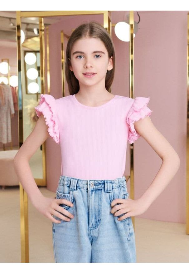 Sinsay - Koszulka z falbanami - różowy. Kolor: różowy