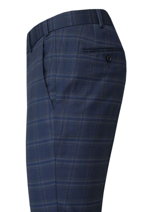 Victorio - Garnitur Elegancki, Granatowy w Grubą Kratkę Zapinany na Dwa Guziki, SLIM, Spodnie w Kant -VICTORIO. Kolor: niebieski. Materiał: poliester, elastan, wiskoza. Wzór: kratka