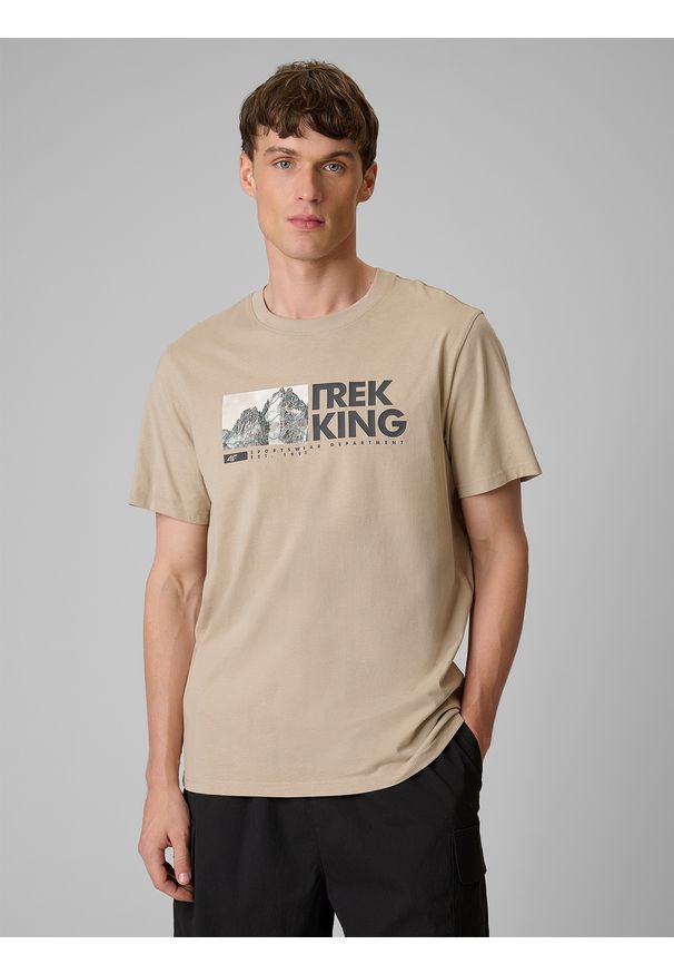 4f - 4F T-shirt regular z nadrukiem męski - beżowy XXL. Okazja: na co dzień. Kolor: beżowy. Materiał: dzianina, bawełna. Wzór: nadruk. Styl: casual