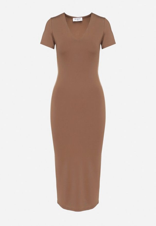 Born2be - Brązowa Sukienka Dopasowana Bodycon z Dekoltem w Serek Efricene. Okazja: na co dzień. Typ kołnierza: dekolt w serek. Kolor: brązowy. Materiał: jeans. Długość rękawa: krótki rękaw. Typ sukienki: bodycon. Styl: casual, klasyczny