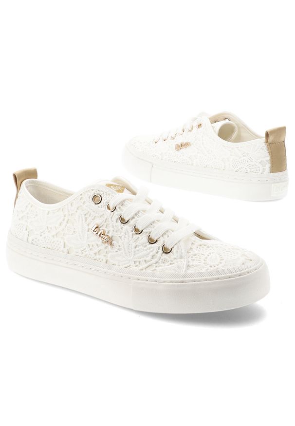 Trampki damskie Lee Cooper, cholewka z materiału tekstylnego koronkowego wiązanie z przodu metalowe oczka na grubszej podeszwie, białe, LCW-26-02-406. Kolor: biały. Materiał: materiał, koronka. Szerokość cholewki: normalna
