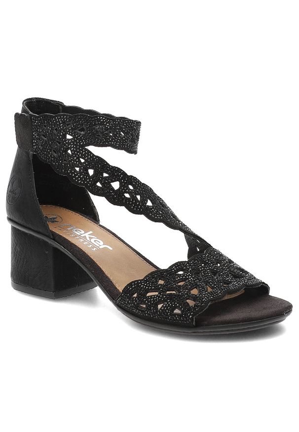 Sandały damskie Rieker, cholewka ze skóry ekologicznej ażurowa z cyrkonami fason elegancki na stabilnym obcasie, czarne, 64657-00. Kolor: czarny. Materiał: skóra ekologiczna. Wzór: ażurowy. Obcas: na obcasie. Styl: elegancki. Wysokość obcasa: średni