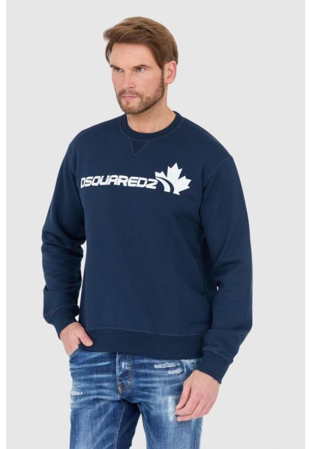 DSQUARED2 Niebieska bluza męska z białym logo z liściem, Rozmiar XL. Kolor: niebieski