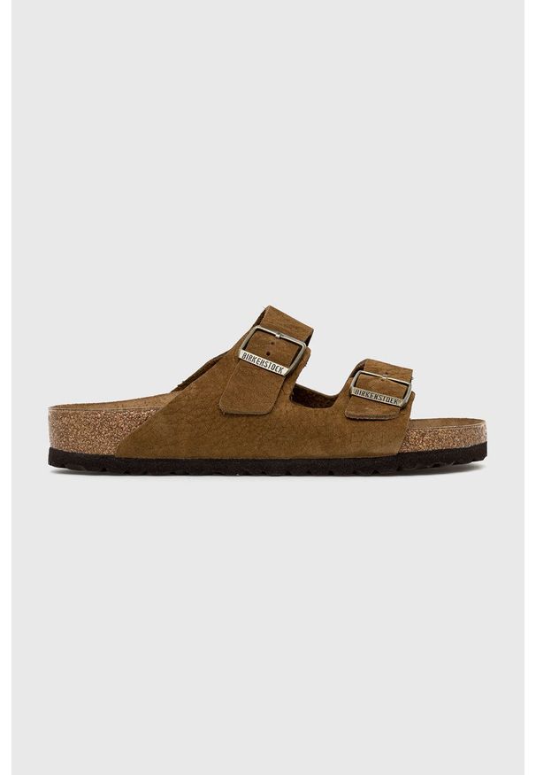 Birkenstock Klapki skórzane męskie kolor brązowy. Kolor: brązowy. Materiał: skóra. Wzór: gładki. Obcas: na obcasie. Wysokość obcasa: niski