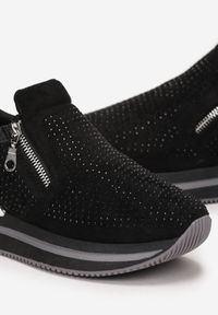 Born2be - Czarne Sneakersy na Platformie z Suwakami i Cyrkoniami Difera. Kolor: czarny. Szerokość cholewki: normalna. Obcas: na platformie #4