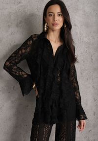 Renee - Czarna Wiskozowa Koronkowa Koszula z Bawełną i Falbanami Oraeno. Kolor: czarny. Materiał: wiskoza, bawełna, koronka #2
