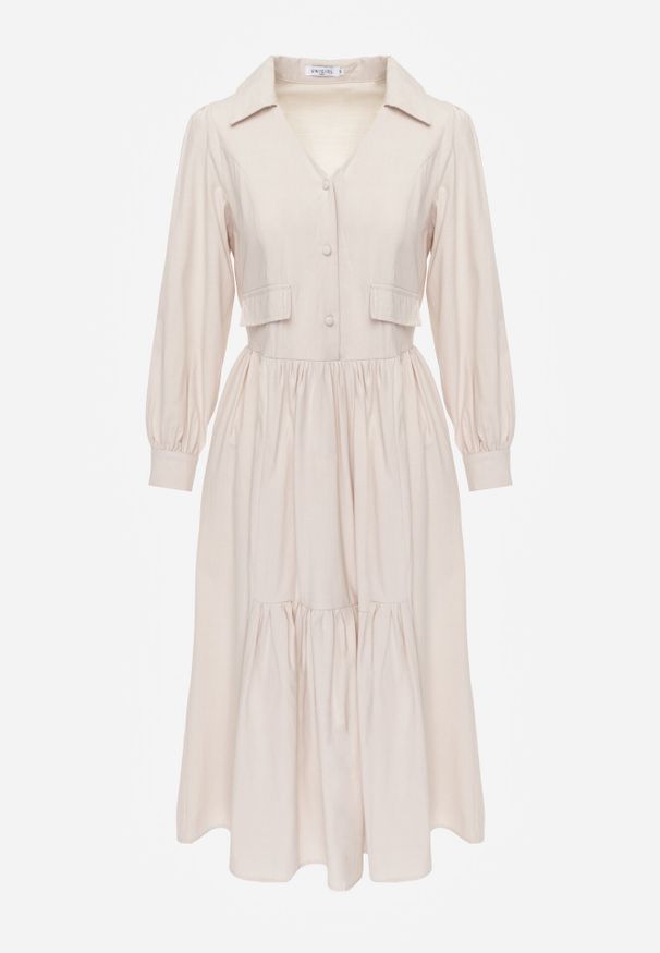 Born2be - Beżowa Bawełniano-Wiskozowa Sukienka Koszulowa z Imitacją Kieszeni Biriala. Okazja: na co dzień. Kolor: beżowy. Materiał: wiskoza, bawełna. Typ sukienki: koszulowe. Styl: casual, elegancki, klasyczny