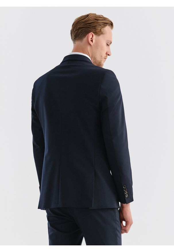 Pako Lorente - PAKO LORENTE – Gładka granatowa marynarka garniturowa. Kolor: niebieski. Materiał: wełna, poliester, elastan. Wzór: gładki. Styl: klasyczny