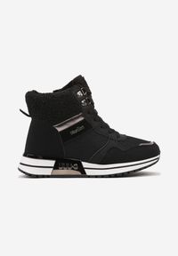 Born2be - Czarne Sneakersy z Futrem Metaliczną Wstawką i Brokatowym Połyskiem Saliwenna. Okazja: na co dzień. Zapięcie: sznurówki. Kolor: czarny. Materiał: futro. Obcas: na obcasie. Wysokość obcasa: niski