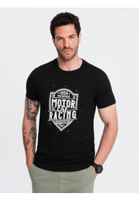 Ombre Clothing - T-shirt męski z nadrukiem w stylu motocyklowym – czarny V1 OM-TSPT-0125 - XL. Okazja: na co dzień. Kolor: czarny. Materiał: materiał, bawełna. Wzór: nadruk. Styl: casual, elegancki, klasyczny