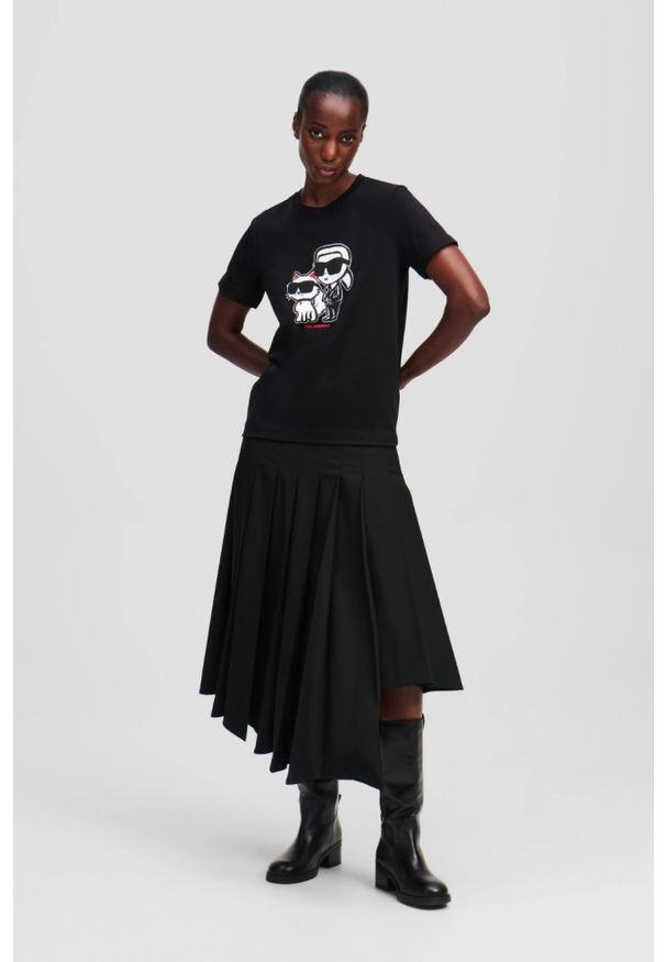 Karl Lagerfeld - KARL LAGERFELD Czarny damski t-shirt Ikon Sketch Duo, Rozmiar S. Kolor: czarny. Materiał: materiał. Wzór: nadruk