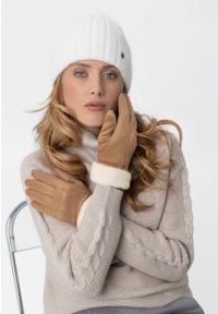 Volcano - Beżowe rękawiczki H-MEGAN. Kolor: beżowy. Materiał: zamsz, materiał, tkanina. Sezon: zima. Styl: klasyczny, casual, elegancki #1