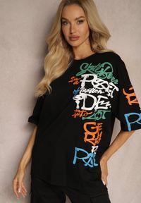 Renee - Czarna Koszulka T-shirt z Napisami w Stylu Graffiti z Bawełny Venoma. Kolor: czarny. Materiał: bawełna. Wzór: napisy. Sezon: lato #1