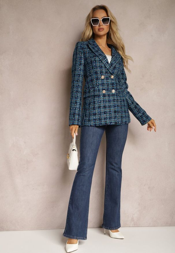 Renee - Niebieska Tweedowa Marynarka Dwurzędowa Zapinana na Biżuteryjne Guziki Nallet. Kolor: niebieski. Materiał: materiał. Styl: elegancki, retro