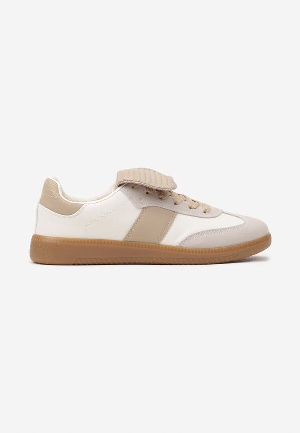 Renee - Beżowe Sznurowane Płaskie Sneakersy z Geometrycznym Wzorem Felilva. Okazja: na co dzień. Zapięcie: sznurówki. Kolor: beżowy. Materiał: jeans. Wzór: geometria