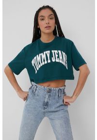 Tommy Jeans t-shirt bawełniany kolor zielony. Kolor: zielony. Materiał: bawełna. Długość rękawa: krótki rękaw. Długość: krótkie. Wzór: nadruk