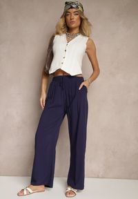 Renee - Granatowe Spodnie z Wiskozy High Waist o Szerokim Kroju Avelozi. Okazja: na co dzień. Stan: podwyższony. Kolor: niebieski. Materiał: wiskoza. Styl: elegancki, casual #3