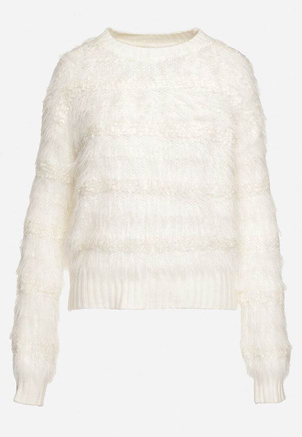 Born2be - Biały Puchaty Sweter z Wełną i Ściągaczami Exenevia. Okazja: na co dzień. Kolor: biały. Materiał: wełna. Styl: casual