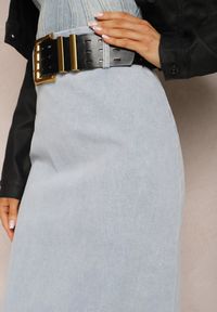 Renee - Jasnoniebieska Jeansowa Spódnica Midi Bawełniana z Ażurowym Paskiem i Klamrą Allerio. Kolor: niebieski. Materiał: bawełna, jeans. Wzór: ażurowy. Styl: elegancki #5