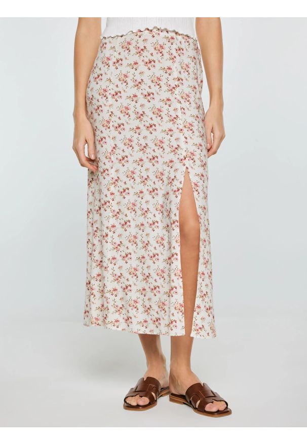 Big-Star - Spódnica damska midi w kwiatowy wzór perłowa Shimenita 103. Kolor: kremowy. Materiał: wiskoza, tkanina. Wzór: kwiaty. Sezon: lato