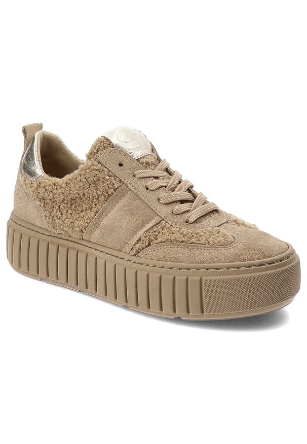 CheBello - Beżowe Sneakersy Chebello Stylowe Obuwie Damskie Z Futerkiem. Okazja: na co dzień. Kolor: beżowy. Materiał: futro. Styl: elegancki