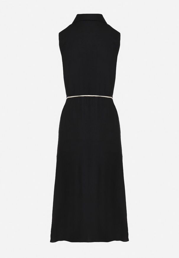 Born2be - Czarna Koszulowa Sukienka z Wiskozy o Rozkoszowanym Kroju Wiązaniem z Frędzlami Zenbia. Okazja: na co dzień. Typ kołnierza: kołnierzyk klasyczny. Kolor: czarny. Materiał: wiskoza. Typ sukienki: koszulowe. Styl: casual, elegancki, klasyczny