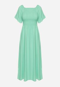 Born2be - Jasnozielona Bawełniana Sukienka o Kroju Hiszpanki z Elastyczną Górą Niloviria. Okazja: na co dzień. Typ kołnierza: dekolt hiszpanka. Kolor: zielony. Materiał: bawełna. Długość rękawa: krótki rękaw. Styl: casual, klasyczny #6