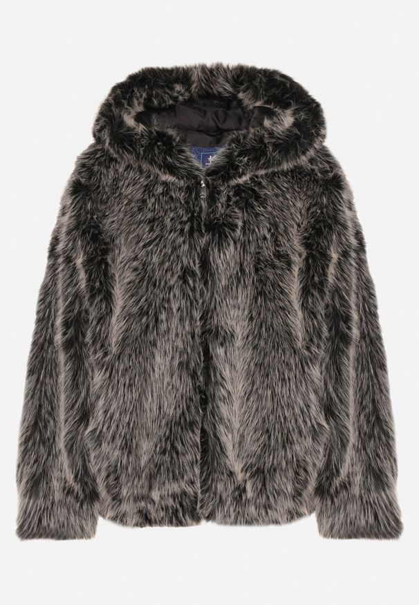 Born2be - Szara Futrzana Kurtka z Nieodpinanym Kapturem Lanellea. Okazja: na co dzień. Kolor: szary. Materiał: futro. Styl: casual, elegancki